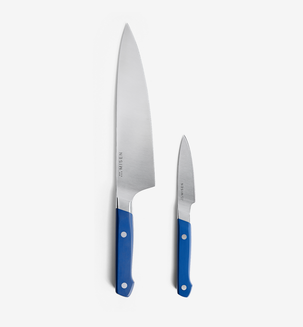 Misen chef knife and paring knife set with blue handles
