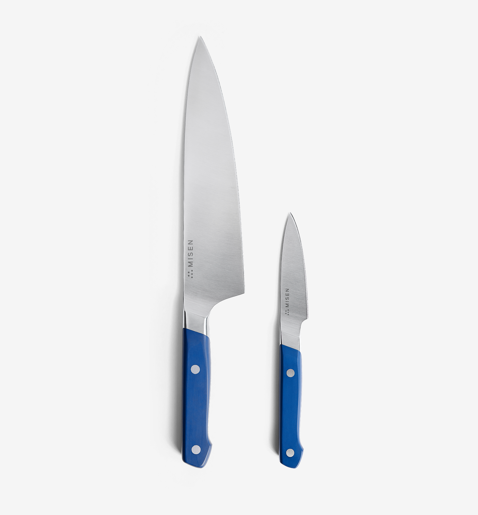 Misen chef knife and paring knife set with blue handles