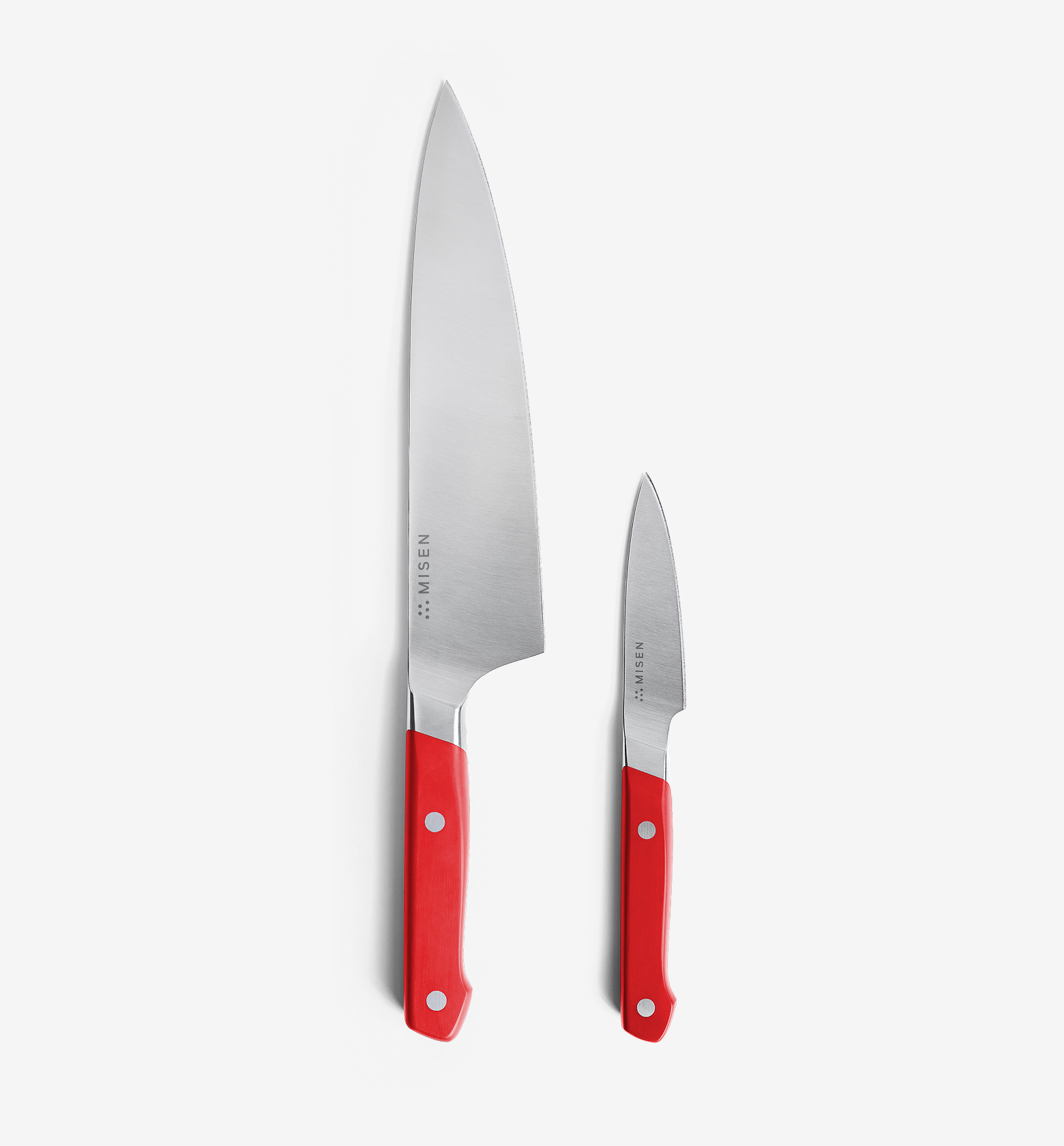 Misen chef's knife and paring knife set with red handles