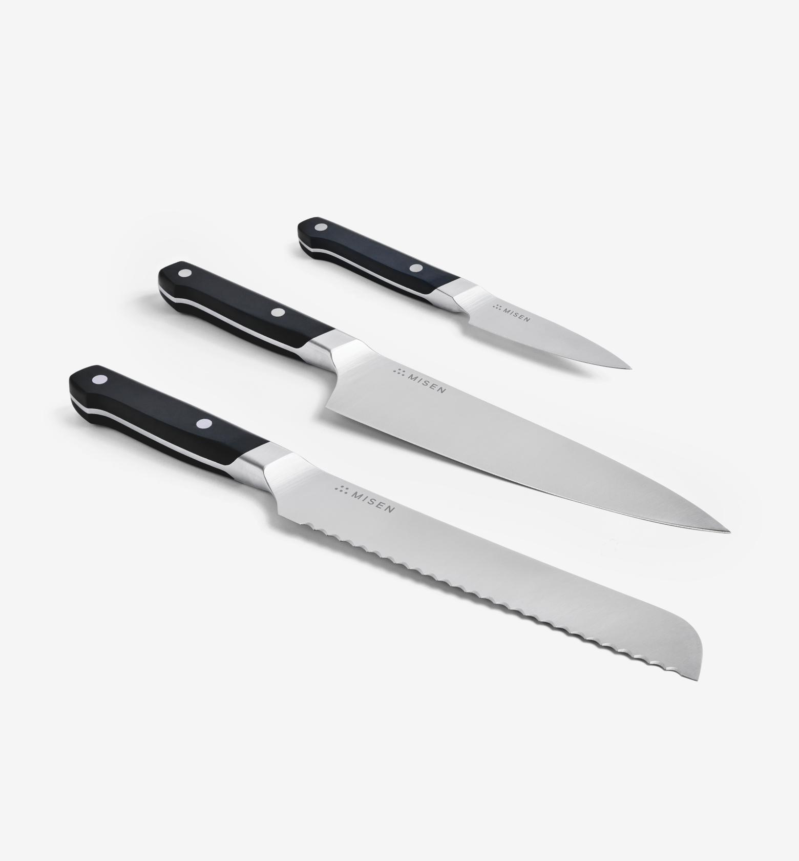 Misen 3-piece kitchen knife set with chef's knife, bread knife, and paring knife