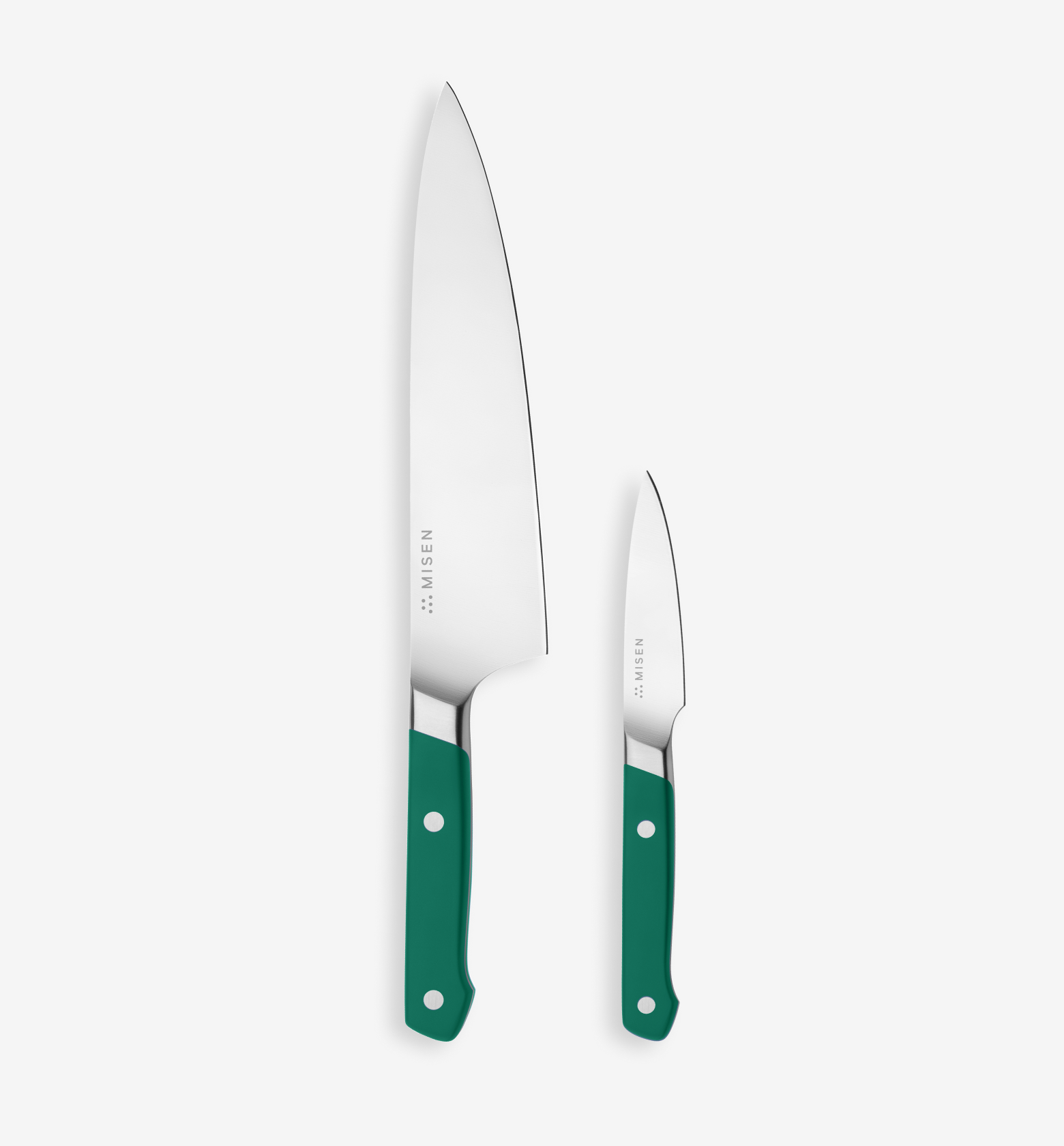 Misen chef's knife and paring knife set with green handles
