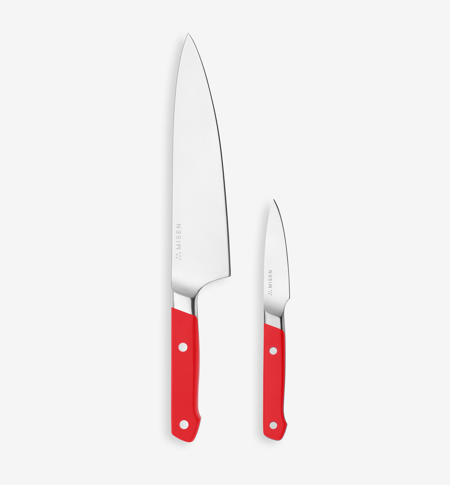 Misen chef's knife and paring knife set with red handles