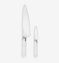 Misen chef's knife and paring knife set with white handles and stainless steel blades