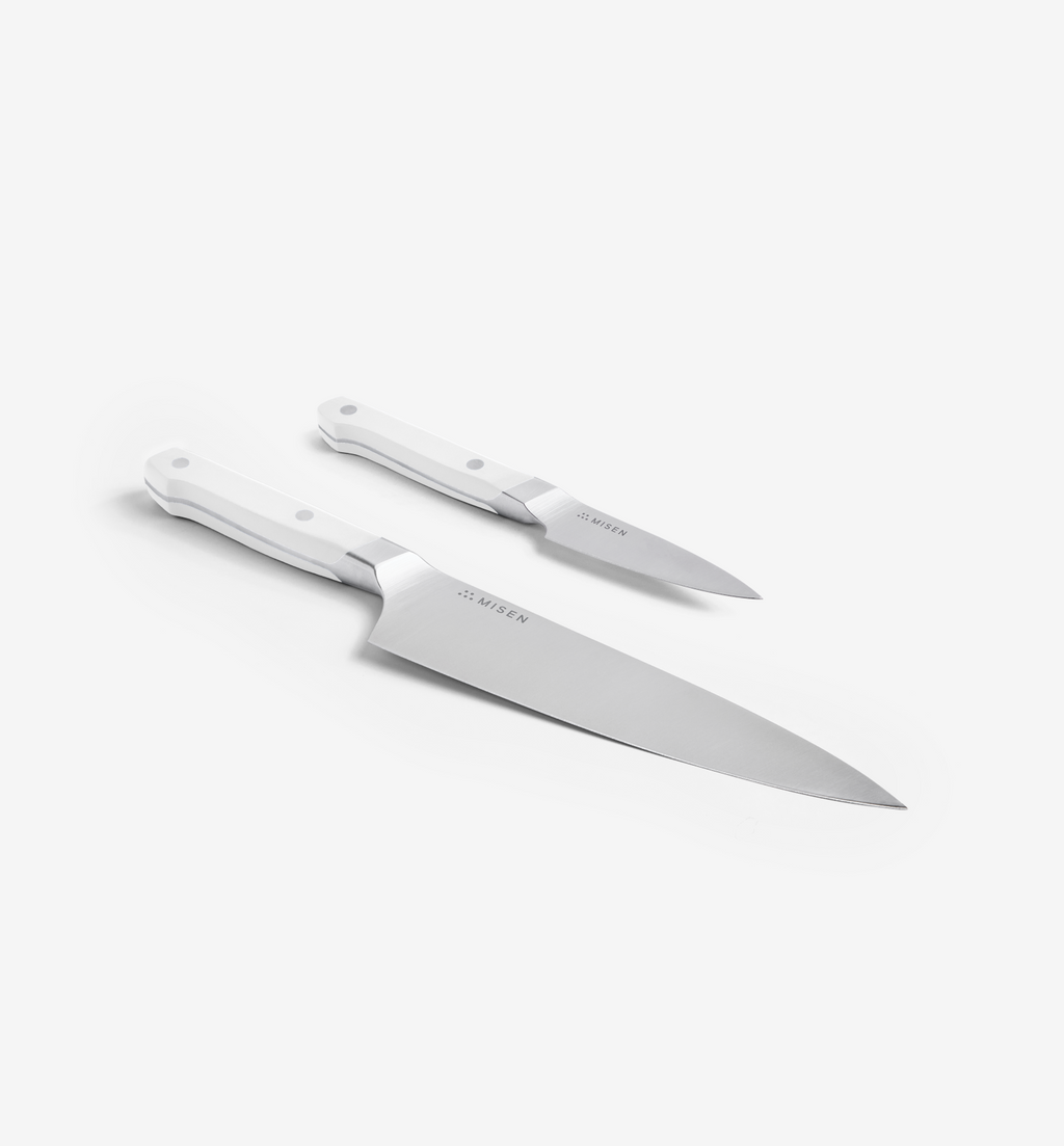 Misen chef's knife and paring knife set with white handles