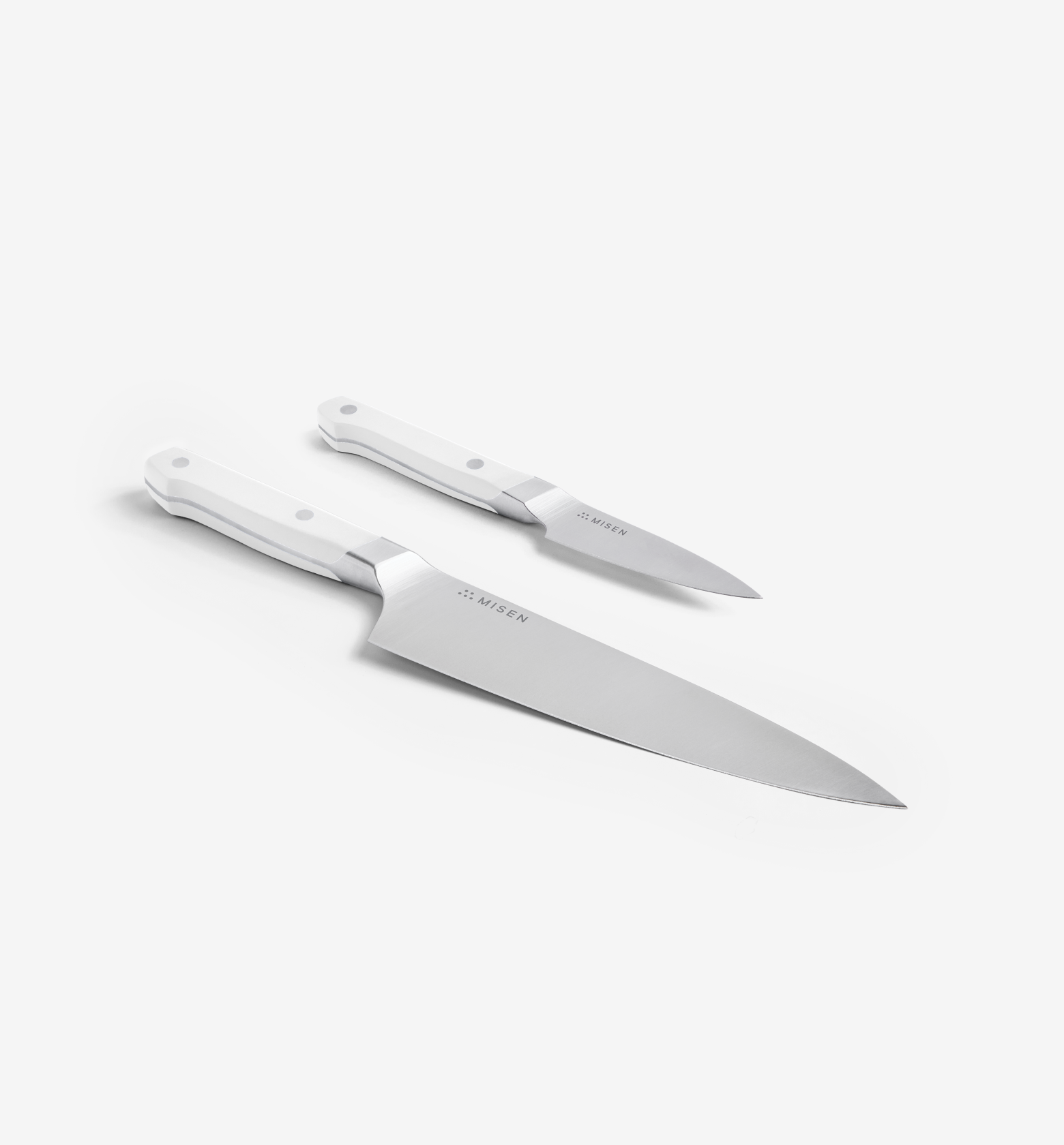 Misen chef's knife and paring knife set with white handles