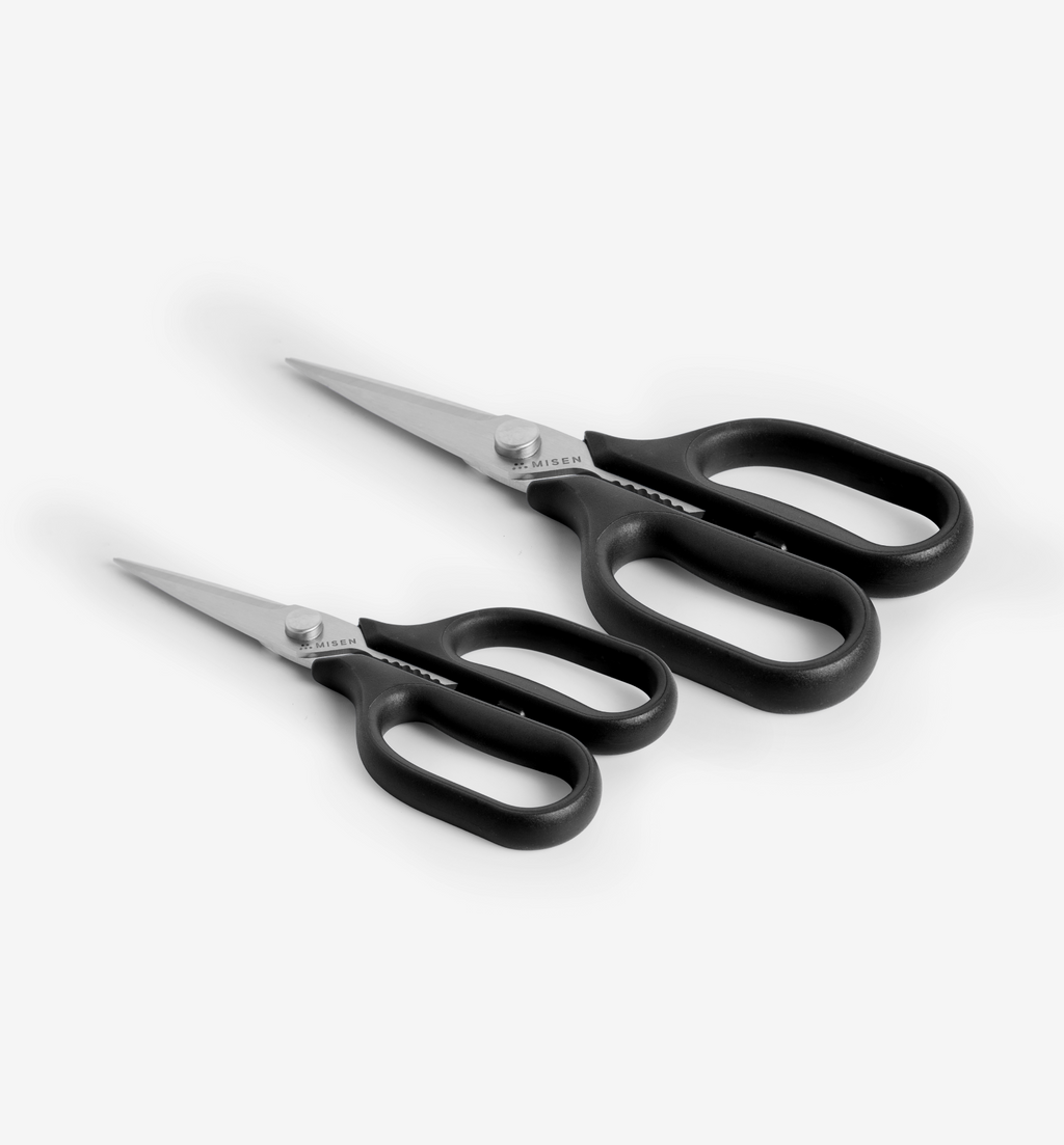 Misen kitchen shears set with large and small stainless steel scissors, black handles